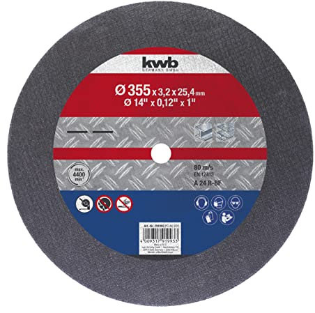 kwb Disco de corte de metal de 355 mm, 2.8 mm de grosor, para sierras de corte, cortadoras y cortadoras, con refuerzo de fibra de vidrio, unida a resina, orificio de 25,4 mm