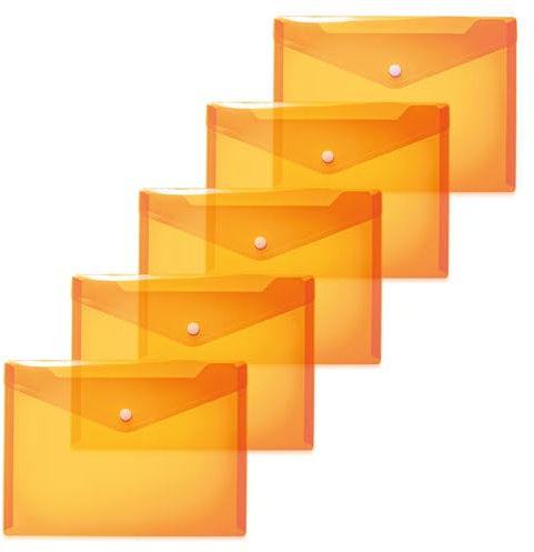 HERMA 20057 Dokumententaschen A5 transparent orange, 5 Stück, kleine Sichttaschen Umschläge mit Druckknopf, Briefumschläge aus Plastik für Schule, Uni, Büro, Reise
