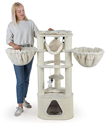 HAPPYPET Kratzbaum Stabil 'Charlie' 120 cm - Massiver Katzenbaum für große Katzen-Kletterbaum auf 3 Säulen, 9 cm Dicke Stämme, mit Hängematte, Höhle, Kissen, XL Plattform - Creme
