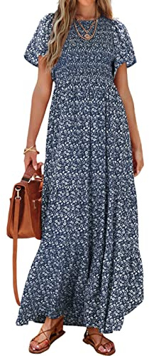 PRETTYGARDEN Vestido Largo Informal de Verano, de Manga Corta con Volante, Bohemio, Floral, Cuello Redondo, Fruncido, Escalonado, para Mujer, Marino, S
