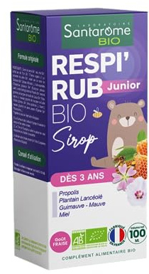 Santarome Bio - Respi'Rub Sirop Enfant Bio - Apaise la gorge - Propolis, Plantain, Guimauve, Miel - Goût Fraise - 100 ml - France
