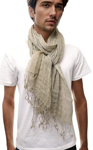Prettystern Bufanda larga Pashmina de lino para hombre, 200 cm, ligera, de verano, primavera, con flecos, color liso, T115 Green, 195 cm X 60 cm