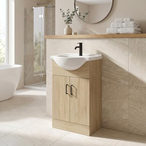 Affine® 560mm Vanity Unit Basin Sink Bathroom Storage Cabinet Cupboard Freestanding, Single Tap Hole Ceramic Wash Basins, Soft Close Doors, Oak Effect