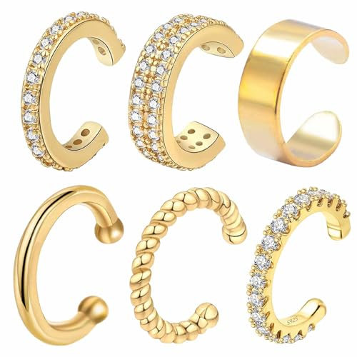 Katslyn 6Pcs Ear Cuff No Piercing, Gold Clip-on Earrings, Adjustable, Fake Earrings for Women & Girls - Valentine's Day Gifts