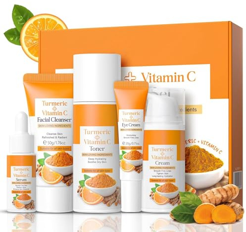 ARCHIDATE Kurkuma Vitamin C Gesichtspflege Set Damen - 5PCS Turmeric Beauty Set Frauen - Geschenkset Teenager Mädchen mit Reiniger-Toner-Serum-Augencreme-Creme - Feuchtigkeit Hautpflegesets (ORANGE)