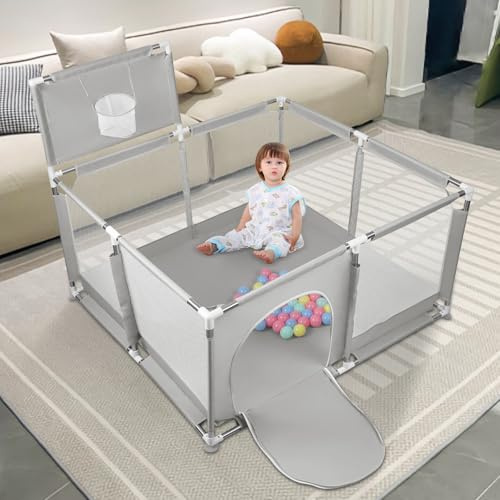 OHMG Laufstall Baby,Laufgitter Baby,Große Kinder Sicherheitsspielplatz,Kinderzaun mit Atmungsaktivem Netz,Tragbarer Laufstall für Drinnen und Draußen(126x126cmx66cm) (Hellgrau, 126 * 126 * 66cm)