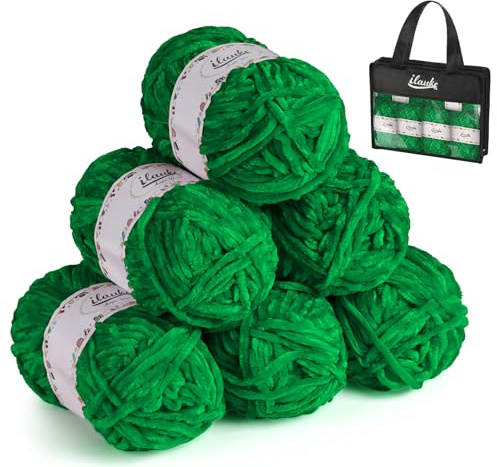 ilauke Chenille Yarn 6x50 g, Soft Chenille Chunky Wool, Crochet Yarn for Knitting with Handbag for Clothes Blankets Bags DIY, Green