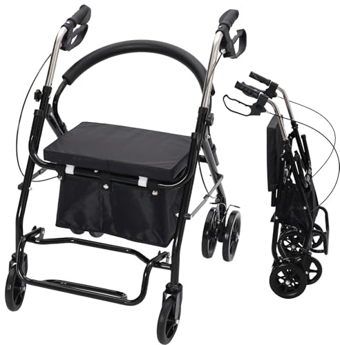 Lightweight Folding 6 Wheels Rollator Walker with Padded Seat for Seniors,Lockable Brakes,Removable Back Support,Height Adjustable Handles,Carry Bag,Walking Frame,Walking Aids for The Elderly,Black