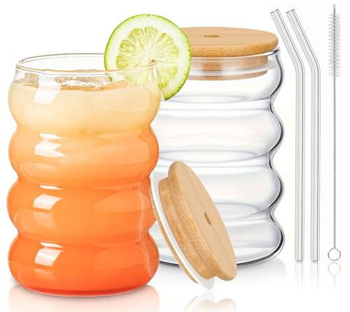 Woobroo Juego de 2 vasos de cóctel de 350 ml, vasos de cristal ondulados, vasos de café, vasos de cristal para agua, bebida, zumo con pajitas de cristal, cepillos