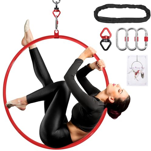 DASKING Aro Aéreo con Bolsa de Almacenamiento - Set de Lyra Rojo Premium, Aro de Yoga Aéreo para Circo, Danza y Fitness, Sistema de Seguridad 2 Toneladas y Acabado Brillante 90cm #25mm