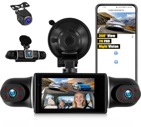 SIXTOP 360 Degree View 4 Channel Dash Cam, 2K Front and 1080P Rear Inside Left Right HD Dash Cam Camera for Cars WiFi & APP Control 8 IR Night Vision Loop Recording G-Sensor Parking Monitoring