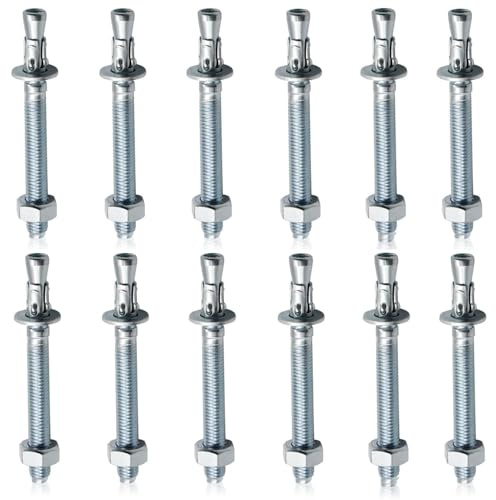 12 Pcs Bulloni di Espansione M10 x 90 mm, Ancoraggi a Cuneo Zincati, Bulloni a Vite di Espansione Esagonale, Tassello Passante, Tasselli per Cemento Armato per Cemento Armato, Calcestruzzo e Pietra
