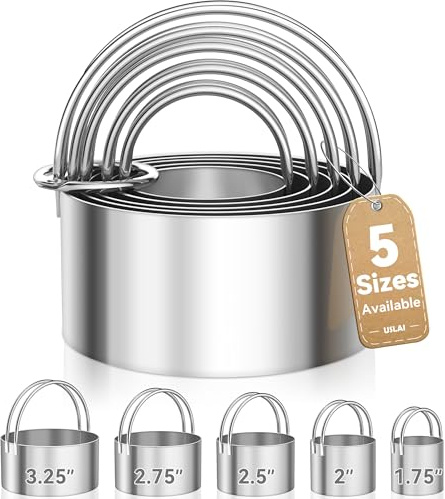 USLAI Biscuit Cutter (1.75, 2, 2.5, 2.75, 3.25 Inch), Stainless Steel Round Cookie Cutter Set with Handle, Professional Kitchen Baking Dough Tools (5-Piece Set)