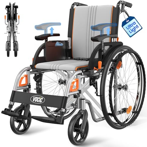 VOCIC Lightweight Wheelchair,10.4KG Frame Portable Foldable Self-Propelled | Portable Foldable Self-Propelled Wheelchairs for Senior, Flip-Back Armrests, Swing-Away Footrests, Compact for Travel,Gray