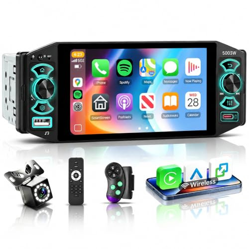 Hodozzy Single Din Car Stereo with Wireless CarPlay Android Auto Mirror Link, 5 Inch Touch Screen 1 Din Car Radio with Bluetooth, AM/FM/RDS, EQ, USB/Type-C, Steering Wheel Control, Backlight+ Camera
