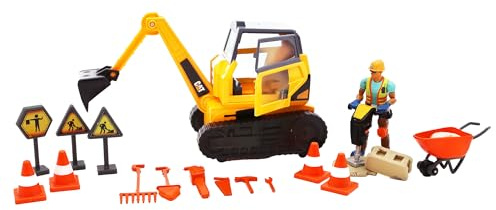 Cat Workforce Excavator Action Set, 23-Piece Kids Construction Toy Playset with 4-Inch Figure, Non-Drying Dirt Compound, Molds, Signs, Tools & Accessories, Ages 3+