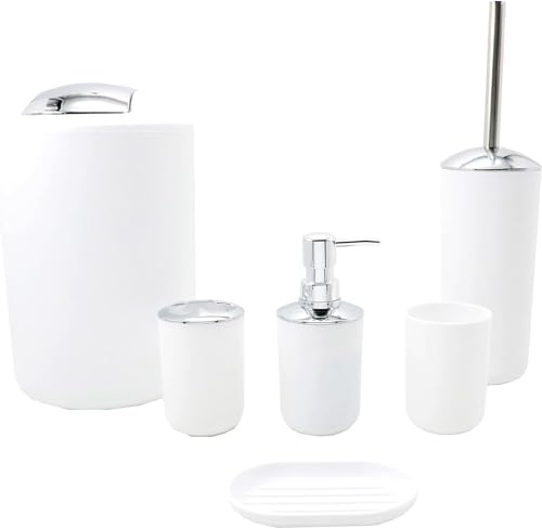 BM Set di Accessori da Bagno in Plastica, Set Accessori Bagno Completo 6 Pezzi, Dispenser, Portaspazzolino, Bicchiere, Portasaponetta, Portascopino, Pattumiera (Bianco)