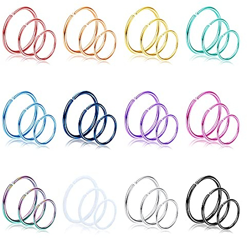 Drperfect 36Pcs 20G Nose Ring Hoop for Women Men 316L Stainless Steel Helix Tragus Lip Septum Ring Cartilage Earring Hoop Piercing Jewelry