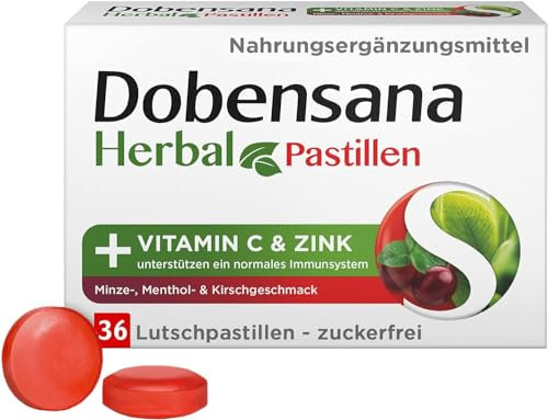 Dobensana Herbal Minze-, Menthol- & Kirschgeschmack Mit Vitamin C & Zink zur Unterstützung des Immunsystems - Zuckerfrei - 36 Stück