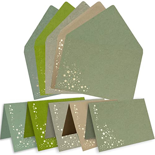 10x biglietti pieghevoli con buste C6 / A6 - confezione mista 2 in carta kraft (carta riciclata) in diversi colori con stelle metalliche dorate - ideale per biglietti di Natale