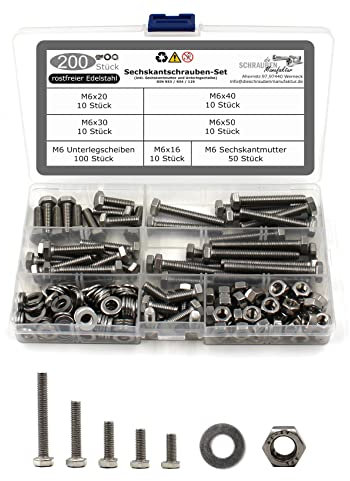 200 teiliges Set aus Sechskantschrauben DIN 933 + Sechskantmutter DIN 934 und Unterlegscheibe DIN 125 Edelstahl Größe M6