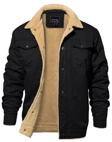 EKLENTSON Men's Fleece Jacket Warm Winter Tactical Cargo Coat Lapel Collar Windproof Fleece Jacket Black,L