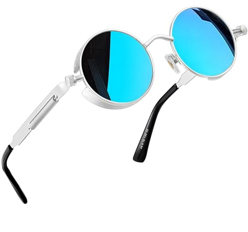 Joopin Steampunk Lunette de Soleil Femme Ronde et Lunette de Soleil Homme Polarisée Rétro UV400 Miroir Bleu Glacier