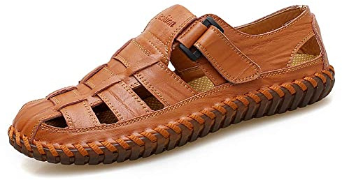 Moodeng Sandales Homme Cuir d'été Fermé Sandales de plage sportives de randonnée pour hommes