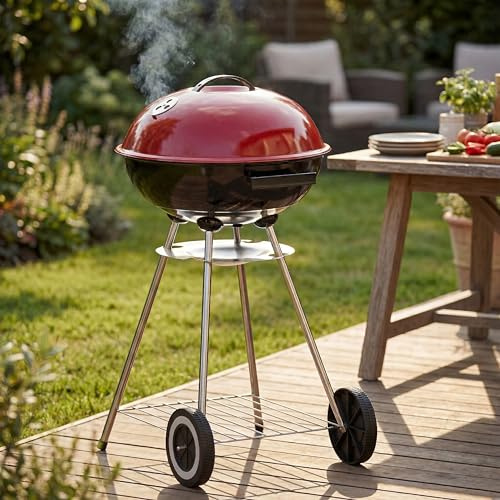 Garden Vida Memphis Patio 21 BBQ Grill | Red & Black | Chrome Plated | 84H x 45.5W x 53D cm | Space-Saving, Air Vent, Tray, Storage Shelf | Grill Meat, Fish & Vegetables at Home, Garden & Camping