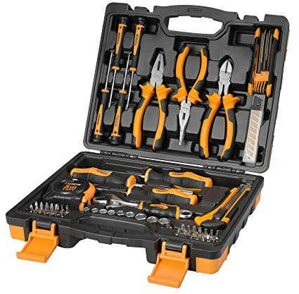 Hoteche Werkzeug-Set 82 tlg. inkl. Zangen, Schraubendreher, Steckschlüssel, Messer, Maßband, verstellbarer Schraubenschlüssel, Werkzeugkoffer