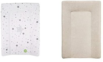 babyCalin Matelas à Langer Luxe Etoile Gris 50 x 70 cm - Avec toise imprimée & Housse de Matelas à Langer en éponge Taupe 50 x 70 cm