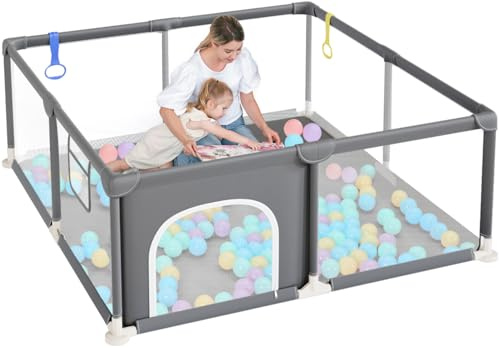 Dripex Parque Infantil Bebé, 124x124cm Corralito Bebé Antideslizante, Parque de Bebe y Niño, Parque de Juego Tela Oxford 210D, Corral para Bebe con Malla Transpirable, con 2 Anilla Parque, Gris Oscuro