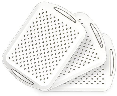 3 Pack Large Non-Slip Plastic Serving Tray with Handles, Anti Slip Rectangular Food Tray for Eating Dinner Drinks (White)