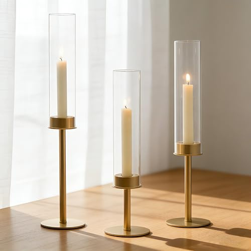 Hewory Gold Candle Holders, 3Pcs Brass Candle Stick Candelabra with Glass Candle Cover for Wedding Table Centerpiece Christmas Decor