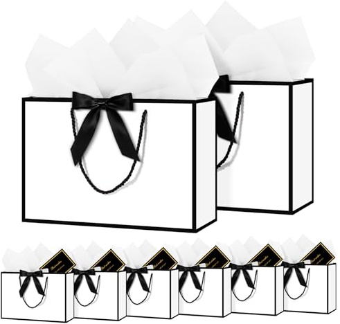 NADSSJL 6 Pcs Medium Gift Bags for Present - Birthday Gift Bag with Wrappers and Cards, Party Bags with Handles for Weddings, Birthdays, Parties, Valentine's Day and Christmas (White)