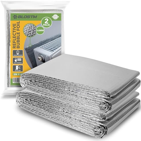 BLOSTM Radiator Insulation Foil 5m x 60cm - 2 Pack Bubble Insulation Foil Thick Heat Reflective Bubble Wrap Radiator Foil Reflector with Adhesive Pads Saves Energy - Covers 3+ Radiators