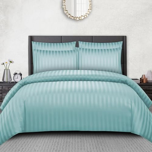 Pamposh Satin Stripe Double Duvet Set - Premium Hotel Quality Quilt Cover Bedding Sets - Hypoallergenic Ultra Soft Microfiber Bed Linen