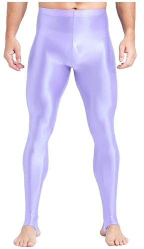 Fldy Mens Plus Size Oily Glossy Stirrup Leggings High Waist Tummy Control Tights Gym Workout Pants Purple XL