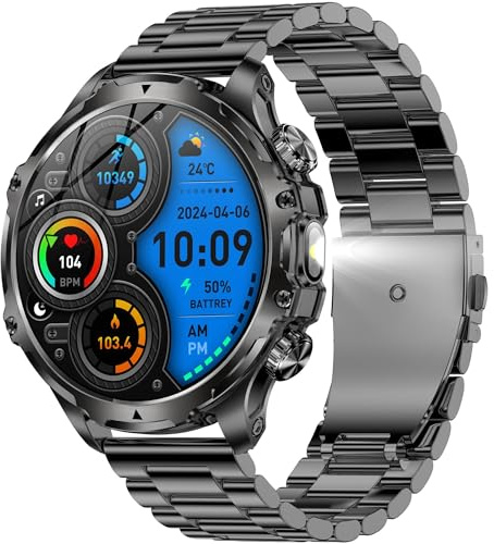 1,85 tum AMOLED smart klocka för män med Bluetooth-samtal, ficklampa, 800 mAh batteri, 5ATM vattentät smartwatch med 100+ sportlägen, sömn, spO2, aktivitetsmätare för iOS Android (svart stål)