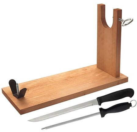 Well Home Schinkenhalter aus Holz mit V-Griff, Spieß und Huffixierung + Schinkenmesser (25 cm) und Schinkenmesser (21 cm), Edelstahl hoher Kali