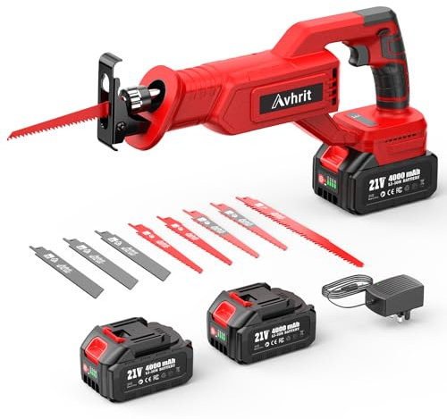Avhrit Scie sabre sans fil 21 V, scie alternative avec 2 batteries 4000 mAh, 3000 SPM Scie universelle sans fil, 8 lames de scie circulaire avec montage sans outils, pour bois et métal