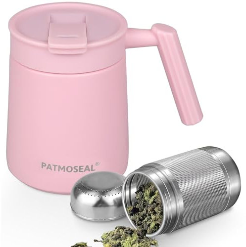 PATMOSEAL Tasse isotherme en acier inoxydable anti-fuite avec infuseur à thé pour feuilles en vrac, fruits, café, lait, soupe, 500 ml (rose)