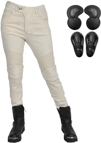 QIYUANT Motorcykelbyxor för kvinnor skyddande säkerhet stretch slitstarka jeans motocross herr dam vardaglig denim motorcykelbyxor racing ridning med uppgraderade avtagbara rustningar, Vitt, S