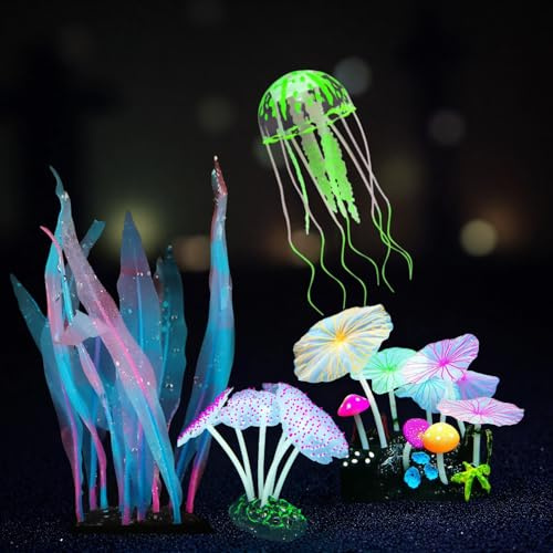 Zeiwysi 4-Pack Silicone Fluorescent Aquarium Plants & Decor - Realistic Jellyfish, Mushrooms for All Fish Tanks, Essential Decorations