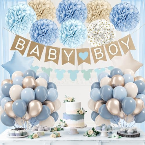 Dusty Blue Baby Shower Decorations with Blue Sand White Gold Paper Pompoms