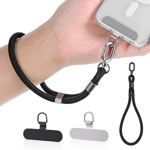 Qyoocom Lanière Téléphone Courte 2 Pack avec Attache Acier Inoxydable - Dragonnes Cordon Téléphone Poignet Ajustable pour iPhone Samsung Google Sécurité Anti-Chute Noire