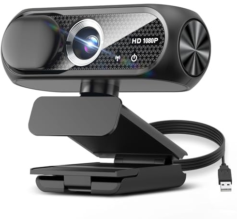 Shcngqio 1080P HD Webcam with Microphone, Noise Cancellation, Privacy Cover, Wide-Angle Lens, Auto Light Correction, Plug & Play USB Webcam for Laptop, Desktop, PC, Mac, Zoom, Skype, Streaming (Black)