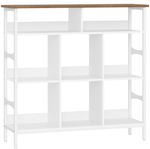 Fobyfurny Bokhylla, 8 Öppna Fack, 106 x 33 x 100,5 cm, Brun/Vit | Sidoskydd i Metall, Bakpanel i Trä för Fallskydd, För Vardagsrum, Arbetsrum, Kontor, FFSG001FWR1