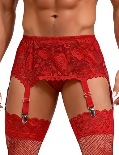 ohyeahlady Porte Jarretelle Homme Sexy Dentelle Sissy Grande Taille L,Rouge