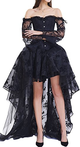 EUDOLAH Femme Corset Guêpière Vintage avec Robe pour Soirée Halloween Ensemble 3 Pièces en Dentelle Gothique Mariage (M,a-Noir avec jupe)